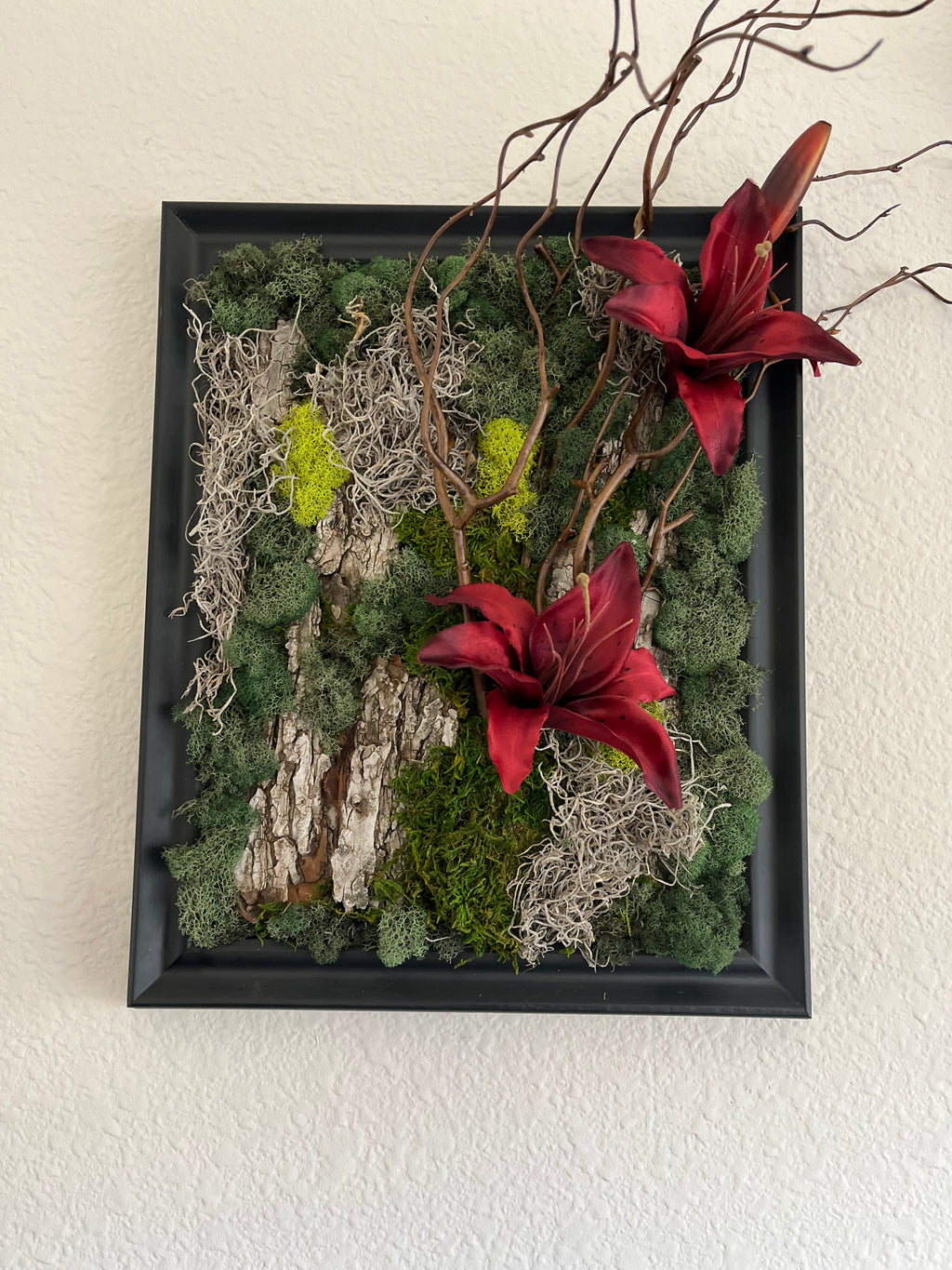 Handcrafted, real, preserved moss, artificial Lilies wall art.