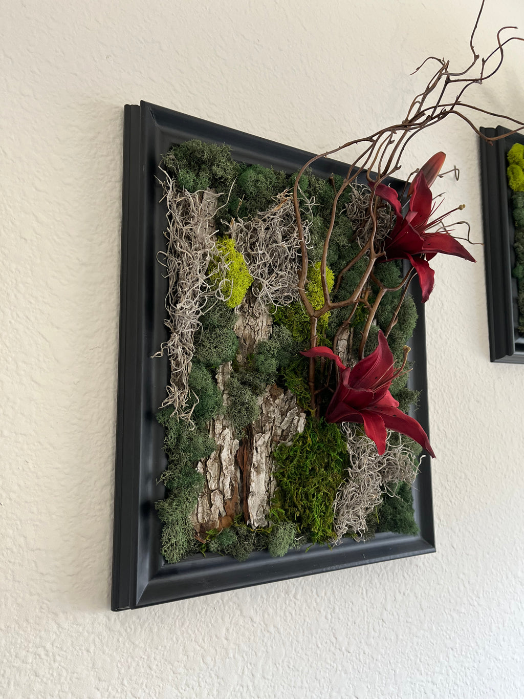 Handcrafted, real, preserved moss, artificial Lilies wall art.