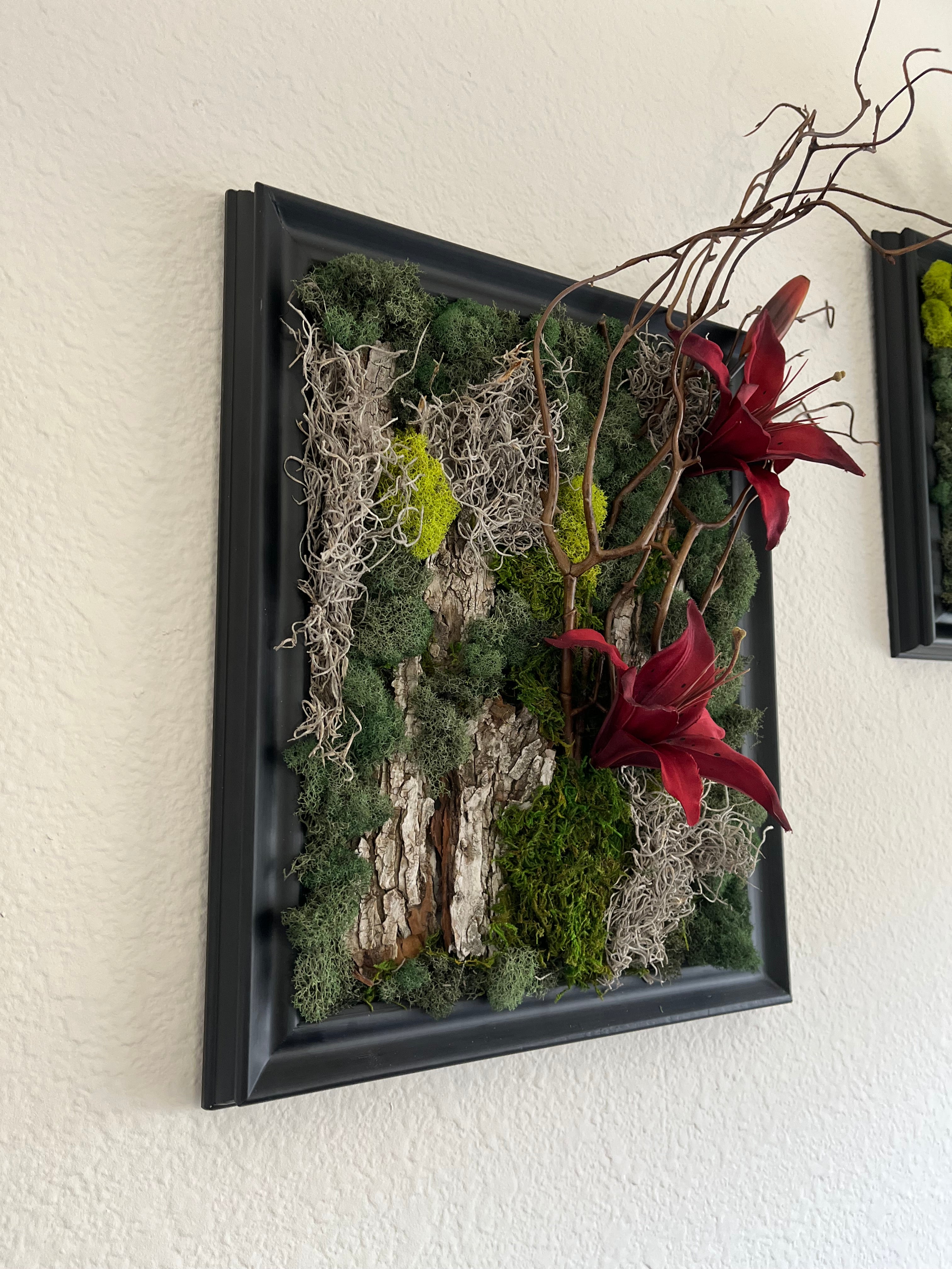 Handcrafted, real, preserved moss, artificial Lilies wall art.
