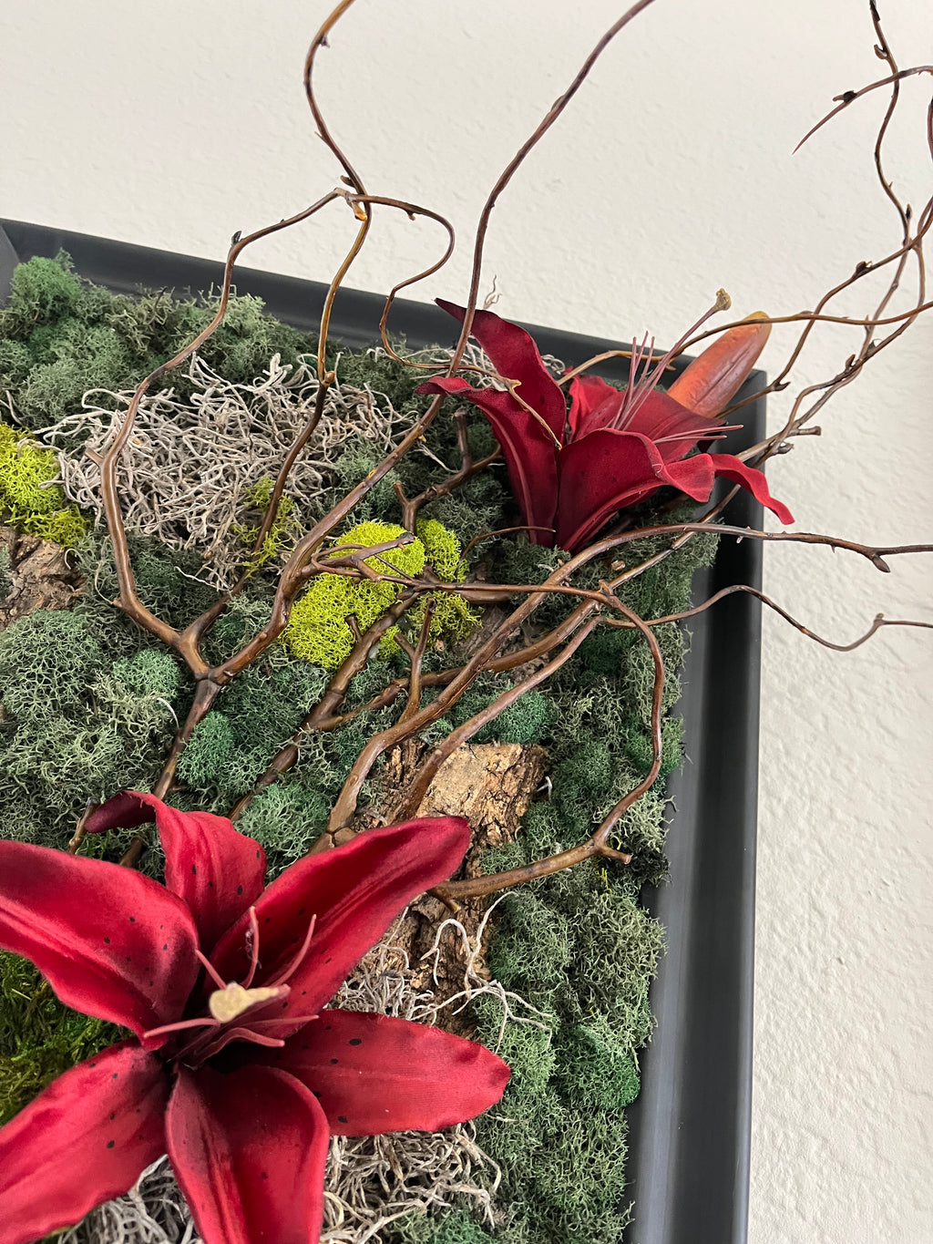 Handcrafted, real, preserved moss, artificial Lilies wall art.