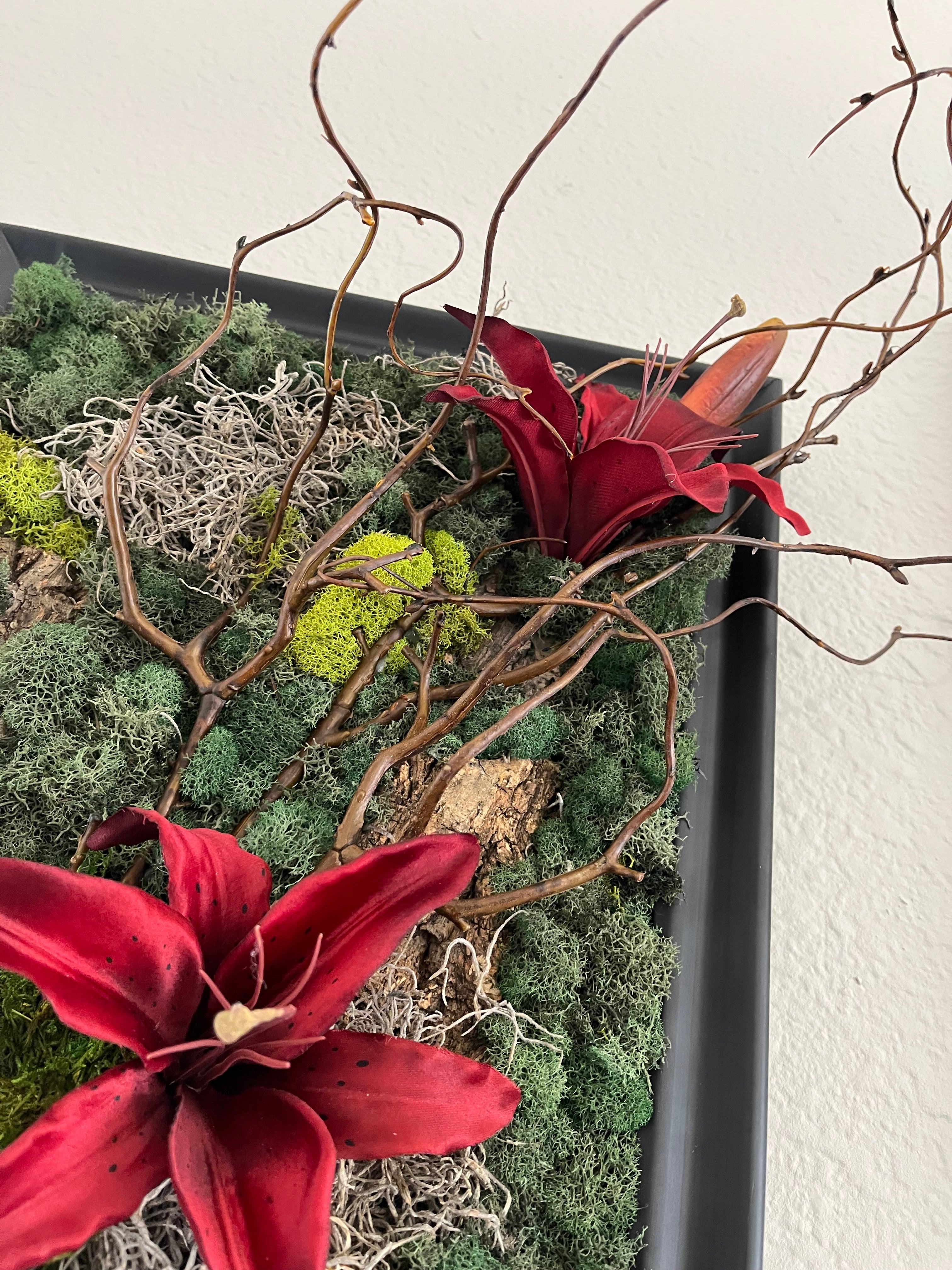 Handcrafted, real, preserved moss, artificial Lilies wall art.