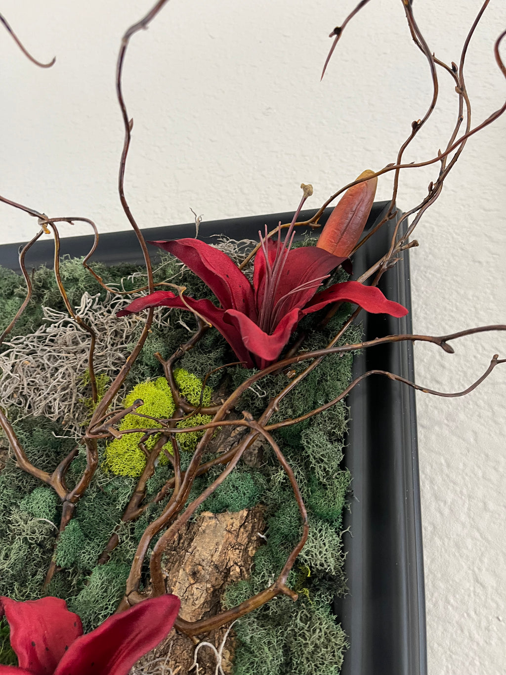 Handcrafted, real, preserved moss, artificial Lilies wall art.