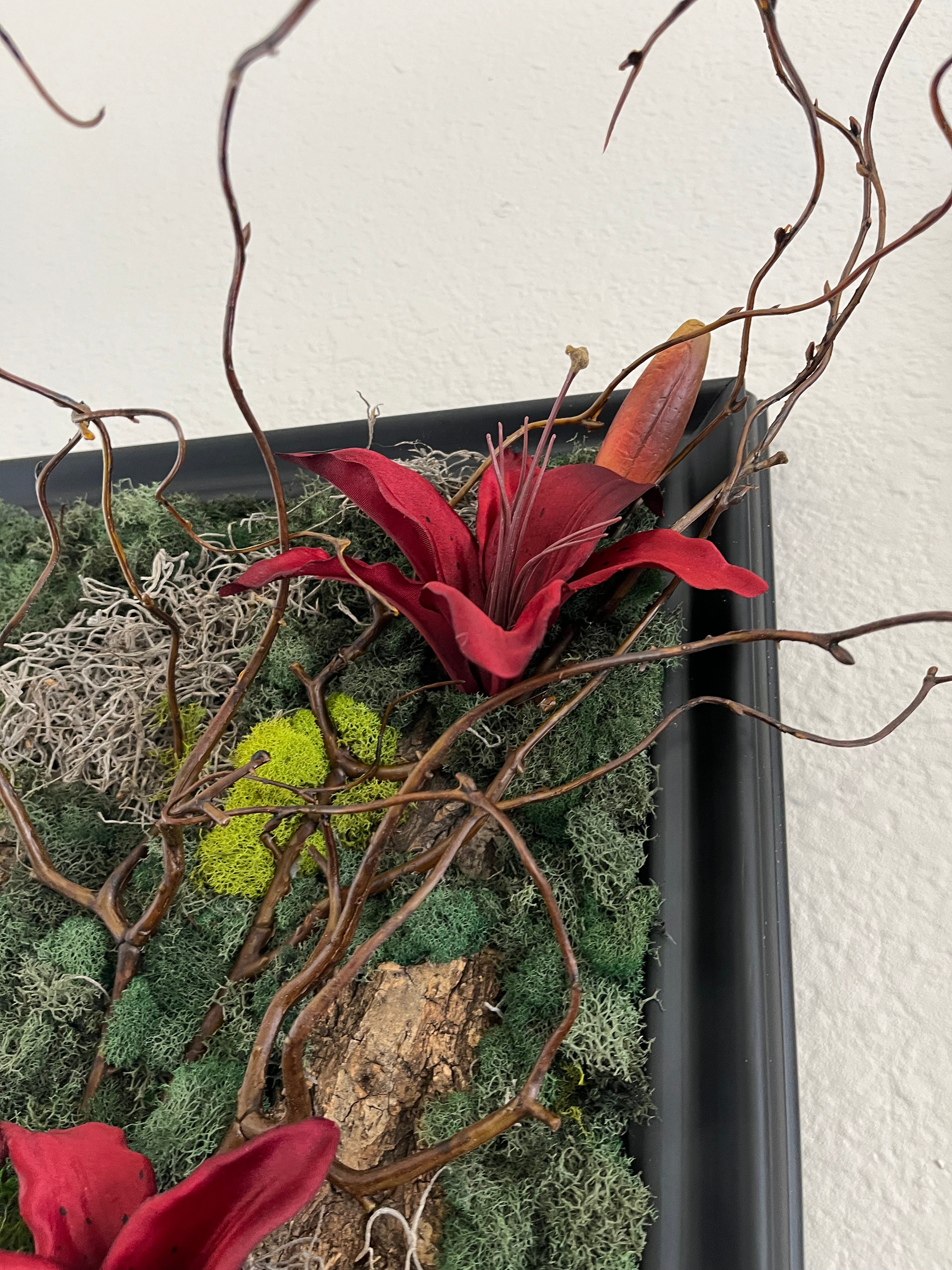 Handcrafted, real, preserved moss, artificial Lilies wall art.