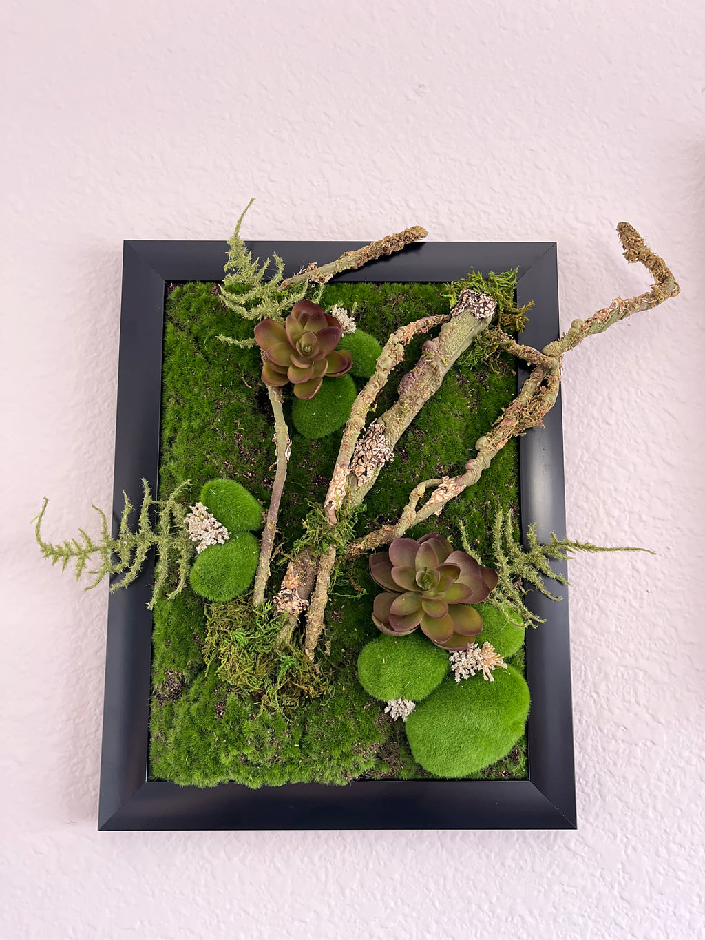 Handcrafted, Artificial moss wall art with succulents.