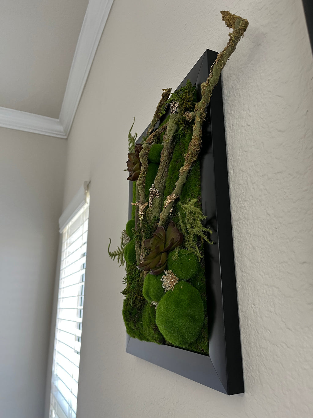 Handcrafted, Artificial moss wall art with succulents.
