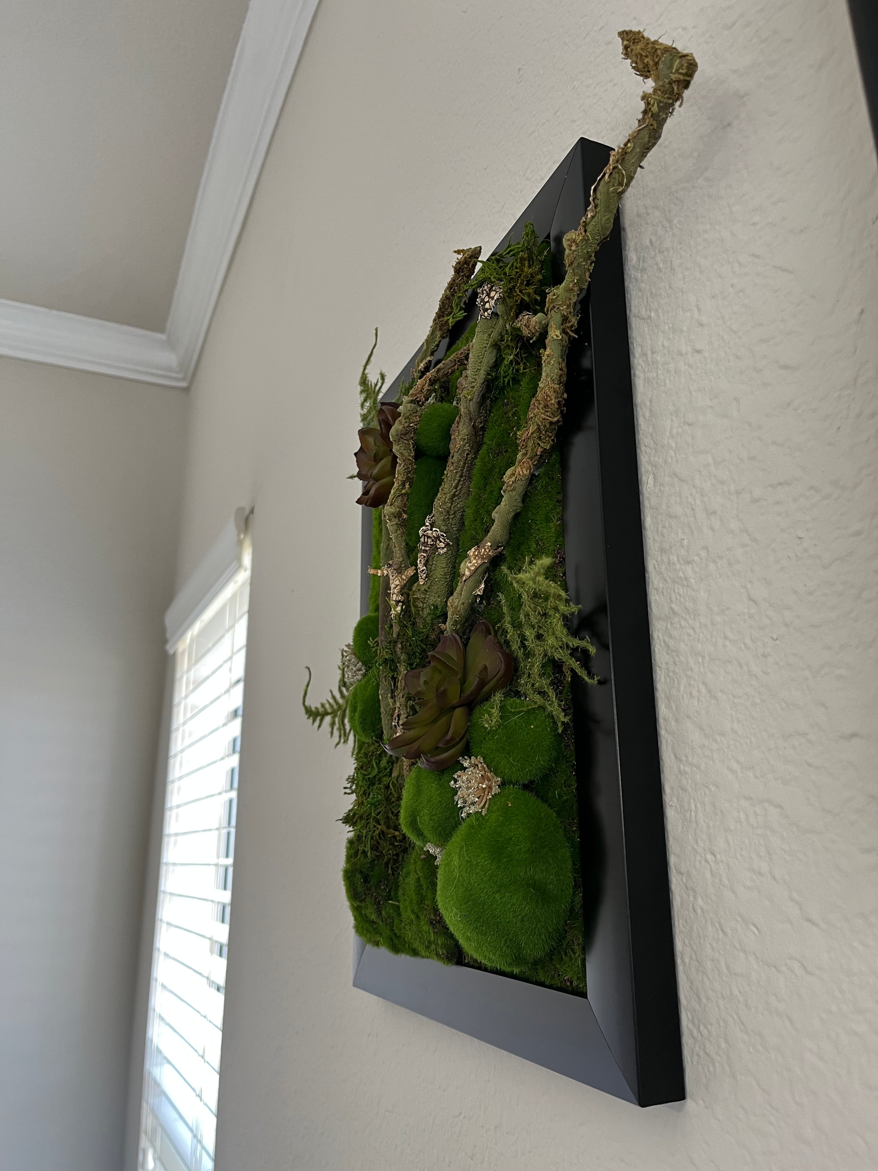 Handcrafted, Artificial moss wall art with succulents.
