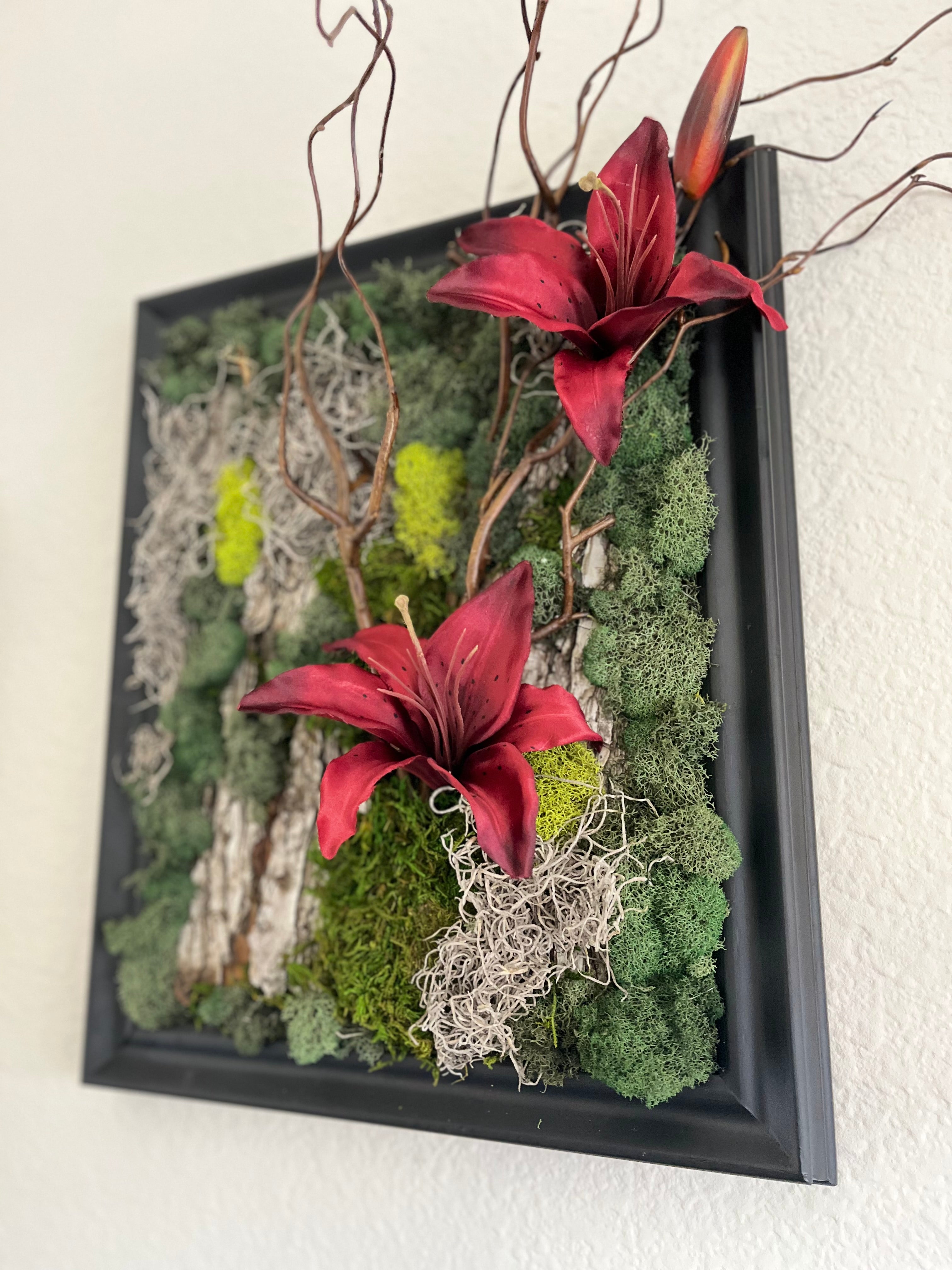 Handcrafted, real, preserved moss, artificial Lilies wall art.