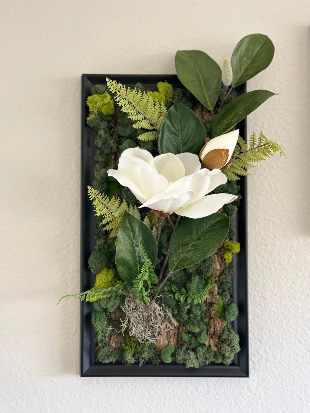Handcrafted, Preserved moss wall art with Magnolia flower